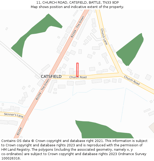 11, CHURCH ROAD, CATSFIELD, BATTLE, TN33 9DP: Location map and indicative extent of plot