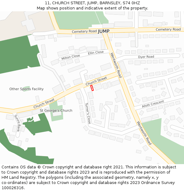 11, CHURCH STREET, JUMP, BARNSLEY, S74 0HZ: Location map and indicative extent of plot