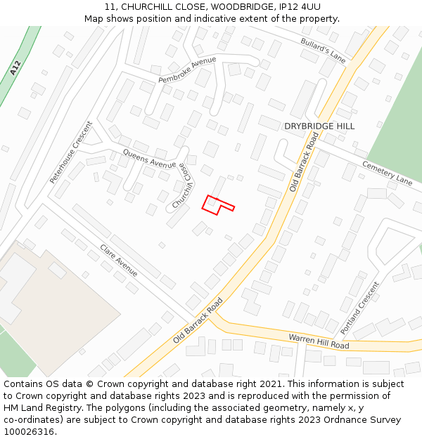 11, CHURCHILL CLOSE, WOODBRIDGE, IP12 4UU: Location map and indicative extent of plot