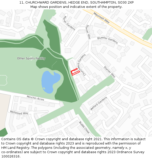11, CHURCHWARD GARDENS, HEDGE END, SOUTHAMPTON, SO30 2XP: Location map and indicative extent of plot