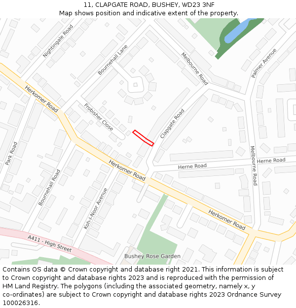 11, CLAPGATE ROAD, BUSHEY, WD23 3NF: Location map and indicative extent of plot