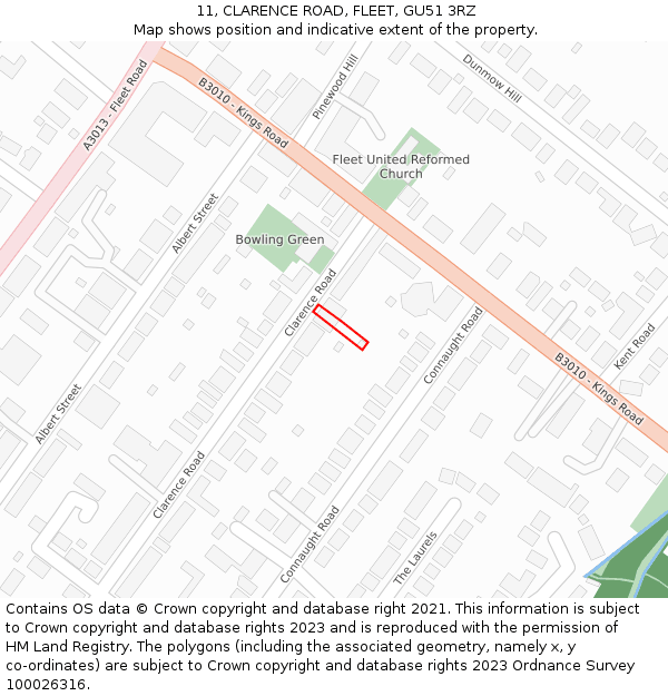 11, CLARENCE ROAD, FLEET, GU51 3RZ: Location map and indicative extent of plot