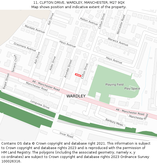 11, CLIFTON DRIVE, WARDLEY, MANCHESTER, M27 9QX: Location map and indicative extent of plot