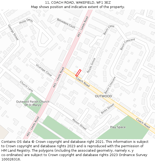 11, COACH ROAD, WAKEFIELD, WF1 3EZ: Location map and indicative extent of plot