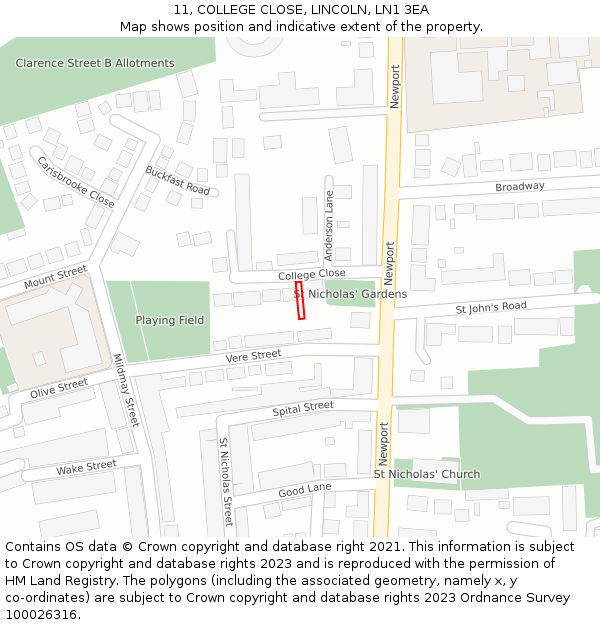 11, COLLEGE CLOSE, LINCOLN, LN1 3EA: Location map and indicative extent of plot