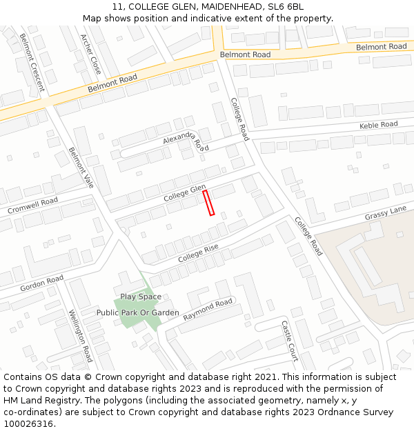 11, COLLEGE GLEN, MAIDENHEAD, SL6 6BL: Location map and indicative extent of plot