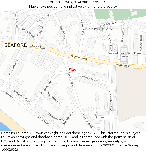 11, COLLEGE ROAD, SEAFORD, BN25 1JD: Location map and indicative extent of plot