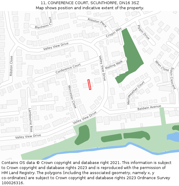 11, CONFERENCE COURT, SCUNTHORPE, DN16 3SZ: Location map and indicative extent of plot