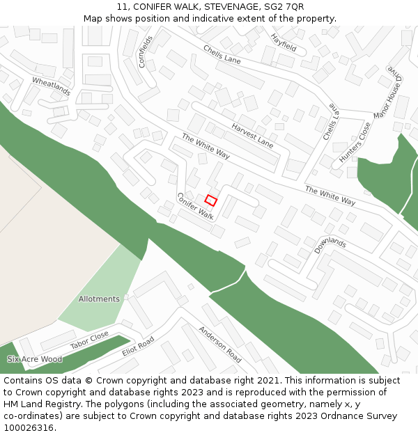 11, CONIFER WALK, STEVENAGE, SG2 7QR: Location map and indicative extent of plot