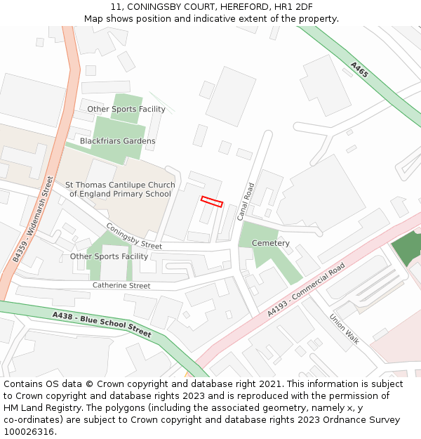 11, CONINGSBY COURT, HEREFORD, HR1 2DF: Location map and indicative extent of plot