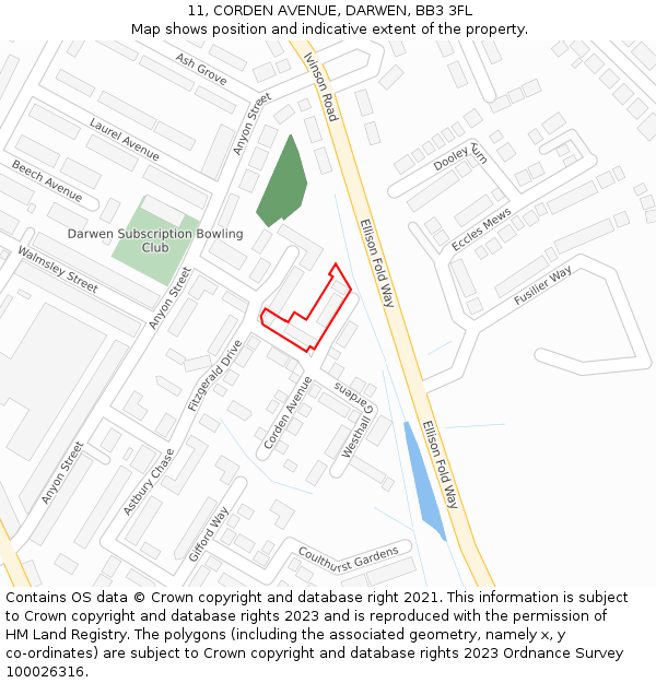 11, CORDEN AVENUE, DARWEN, BB3 3FL: Location map and indicative extent of plot