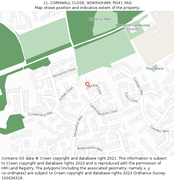11, CORNWALL CLOSE, WOKINGHAM, RG41 3AG: Location map and indicative extent of plot