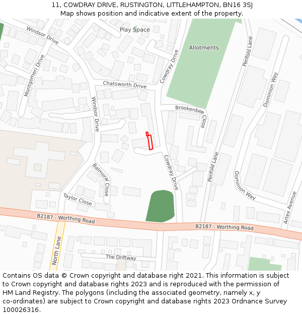 11, COWDRAY DRIVE, RUSTINGTON, LITTLEHAMPTON, BN16 3SJ: Location map and indicative extent of plot