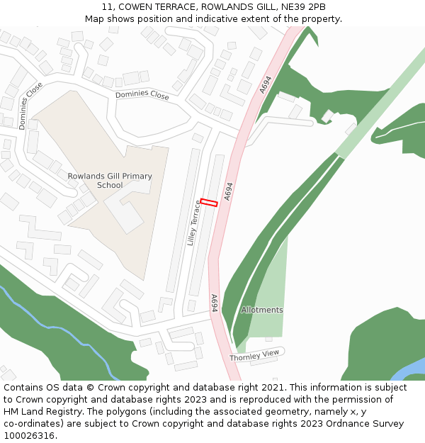 11, COWEN TERRACE, ROWLANDS GILL, NE39 2PB: Location map and indicative extent of plot