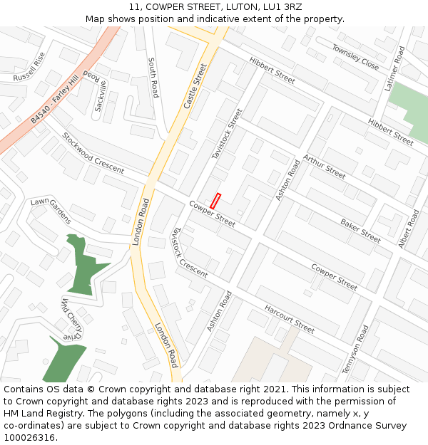 11, COWPER STREET, LUTON, LU1 3RZ: Location map and indicative extent of plot