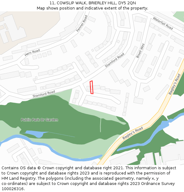 11, COWSLIP WALK, BRIERLEY HILL, DY5 2QN: Location map and indicative extent of plot