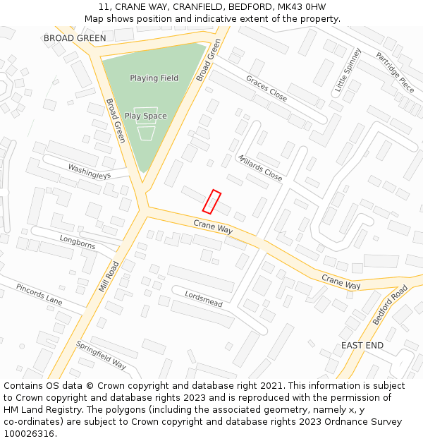 11, CRANE WAY, CRANFIELD, BEDFORD, MK43 0HW: Location map and indicative extent of plot