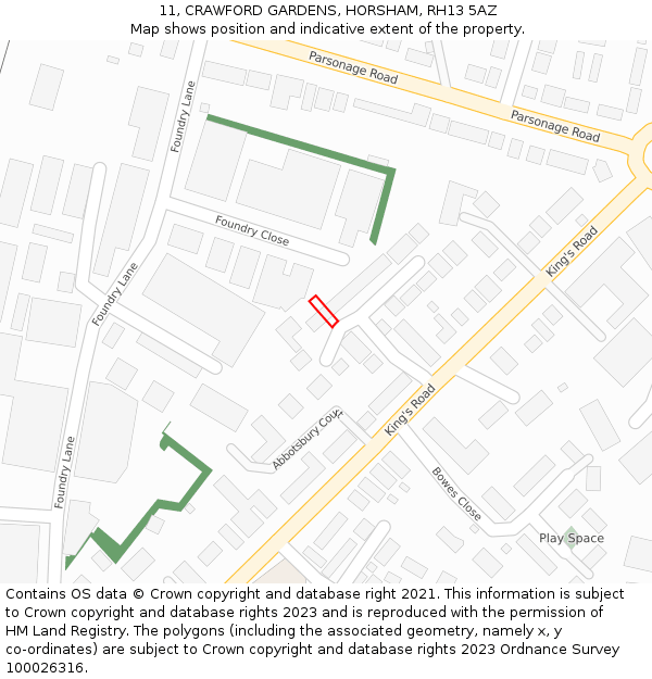 11, CRAWFORD GARDENS, HORSHAM, RH13 5AZ: Location map and indicative extent of plot