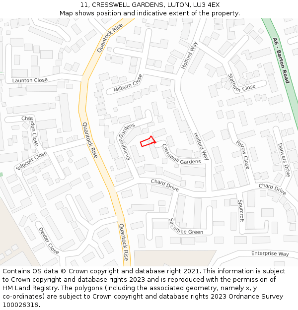 11, CRESSWELL GARDENS, LUTON, LU3 4EX: Location map and indicative extent of plot