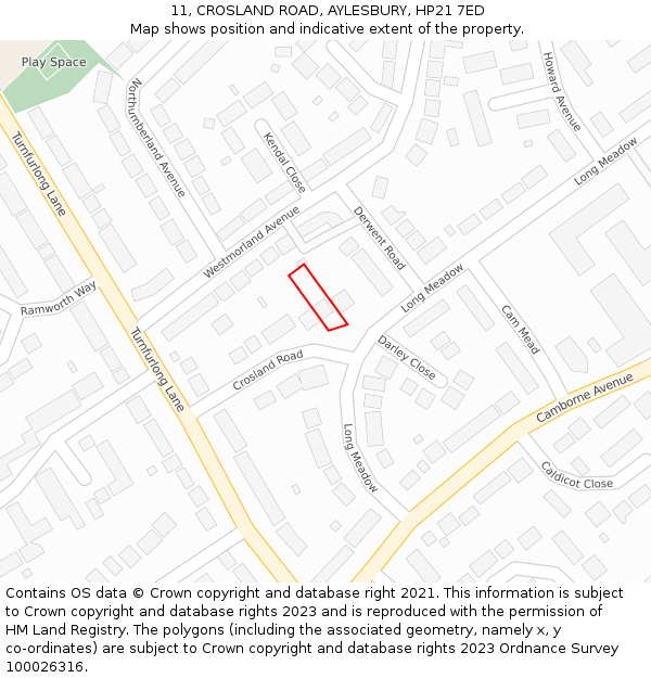 11, CROSLAND ROAD, AYLESBURY, HP21 7ED: Location map and indicative extent of plot