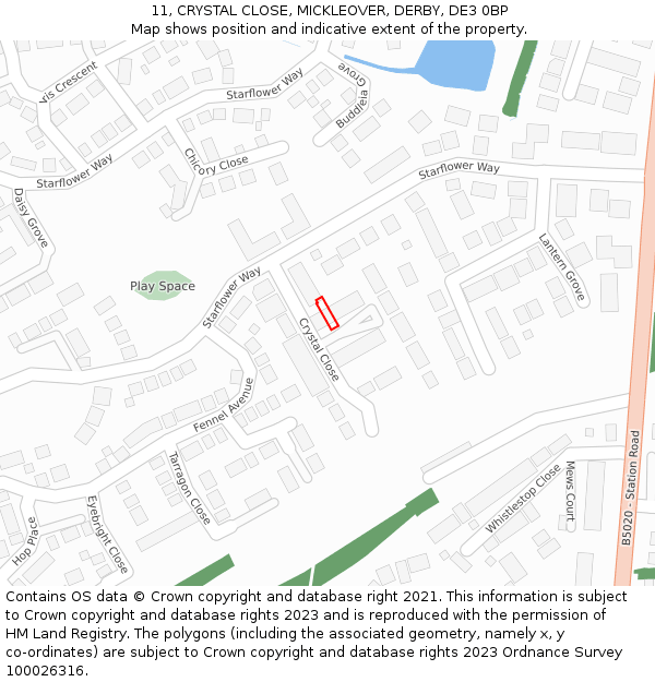 11, CRYSTAL CLOSE, MICKLEOVER, DERBY, DE3 0BP: Location map and indicative extent of plot