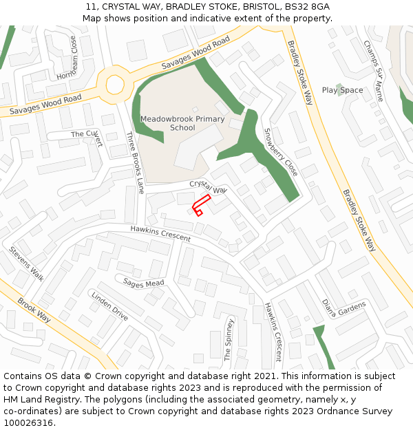 11, CRYSTAL WAY, BRADLEY STOKE, BRISTOL, BS32 8GA: Location map and indicative extent of plot