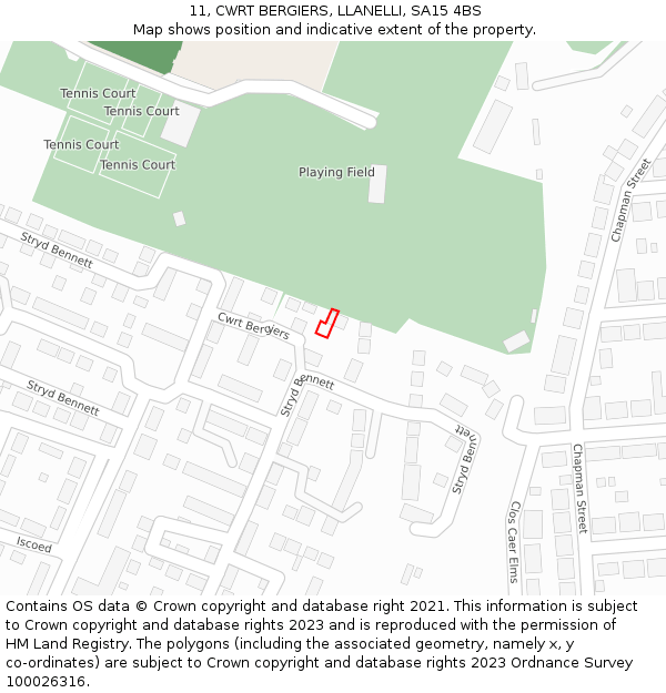 11, CWRT BERGIERS, LLANELLI, SA15 4BS: Location map and indicative extent of plot