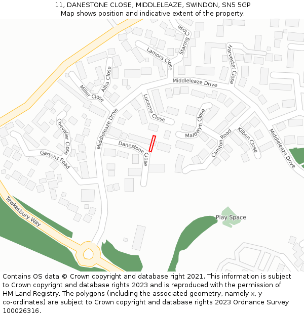 11, DANESTONE CLOSE, MIDDLELEAZE, SWINDON, SN5 5GP: Location map and indicative extent of plot