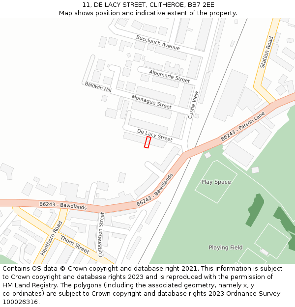 11, DE LACY STREET, CLITHEROE, BB7 2EE: Location map and indicative extent of plot