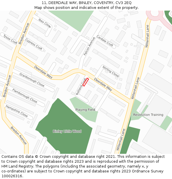 11, DEERDALE WAY, BINLEY, COVENTRY, CV3 2EQ: Location map and indicative extent of plot