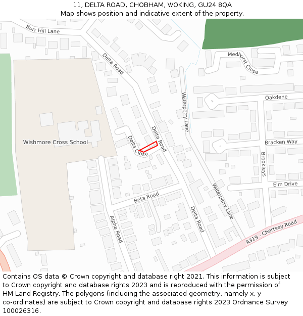 11, DELTA ROAD, CHOBHAM, WOKING, GU24 8QA: Location map and indicative extent of plot