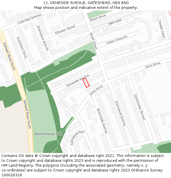 11, DENESIDE AVENUE, GATESHEAD, NE9 6AD: Location map and indicative extent of plot