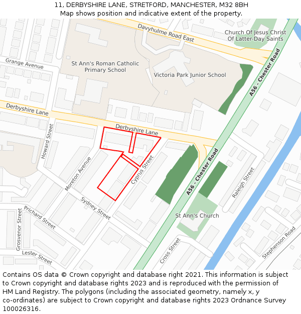 11, DERBYSHIRE LANE, STRETFORD, MANCHESTER, M32 8BH: Location map and indicative extent of plot