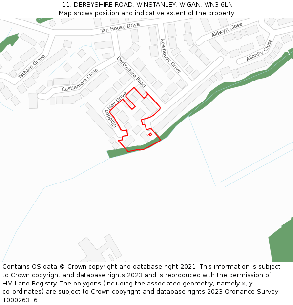 11, DERBYSHIRE ROAD, WINSTANLEY, WIGAN, WN3 6LN: Location map and indicative extent of plot