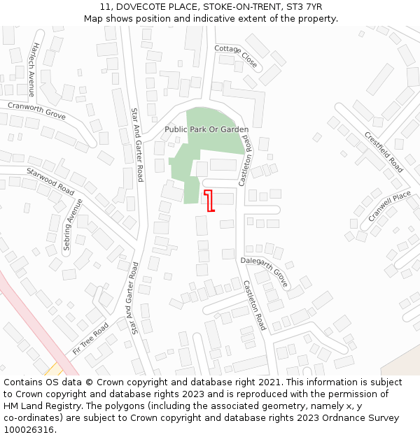 11, DOVECOTE PLACE, STOKE-ON-TRENT, ST3 7YR: Location map and indicative extent of plot