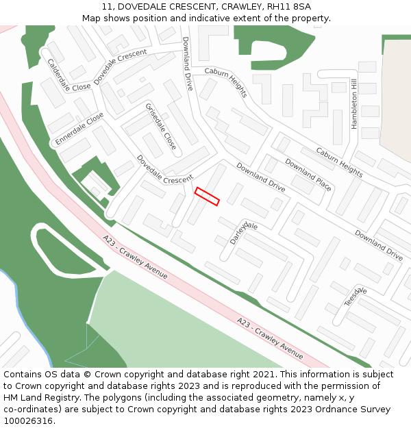 11, DOVEDALE CRESCENT, CRAWLEY, RH11 8SA: Location map and indicative extent of plot