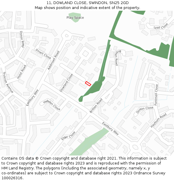 11, DOWLAND CLOSE, SWINDON, SN25 2GD: Location map and indicative extent of plot
