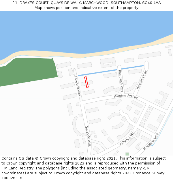 11, DRAKES COURT, QUAYSIDE WALK, MARCHWOOD, SOUTHAMPTON, SO40 4AA: Location map and indicative extent of plot