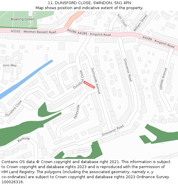 11, DUNSFORD CLOSE, SWINDON, SN1 4PN: Location map and indicative extent of plot