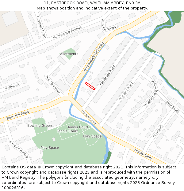 11, EASTBROOK ROAD, WALTHAM ABBEY, EN9 3AJ: Location map and indicative extent of plot
