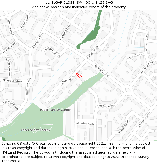 11, ELGAR CLOSE, SWINDON, SN25 2HG: Location map and indicative extent of plot