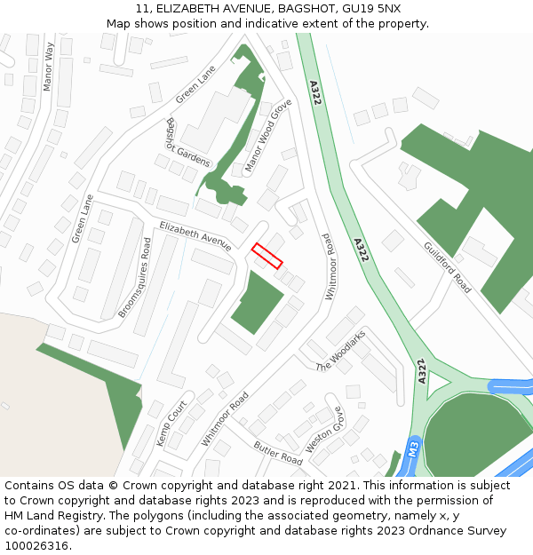 11, ELIZABETH AVENUE, BAGSHOT, GU19 5NX: Location map and indicative extent of plot