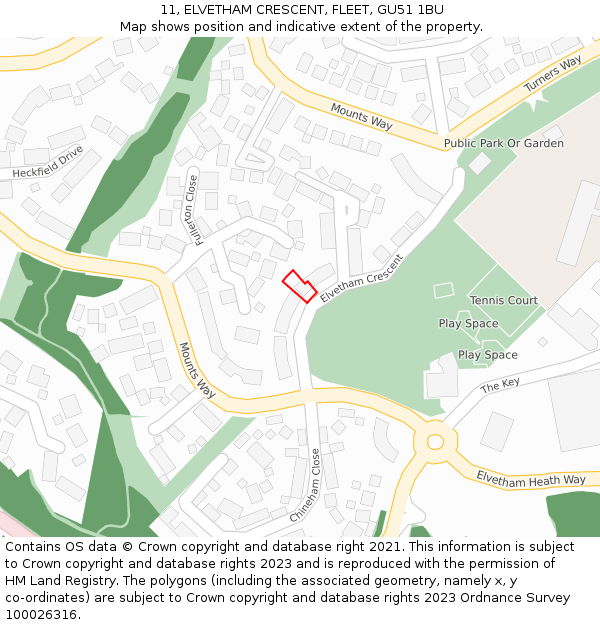 11, ELVETHAM CRESCENT, FLEET, GU51 1BU: Location map and indicative extent of plot