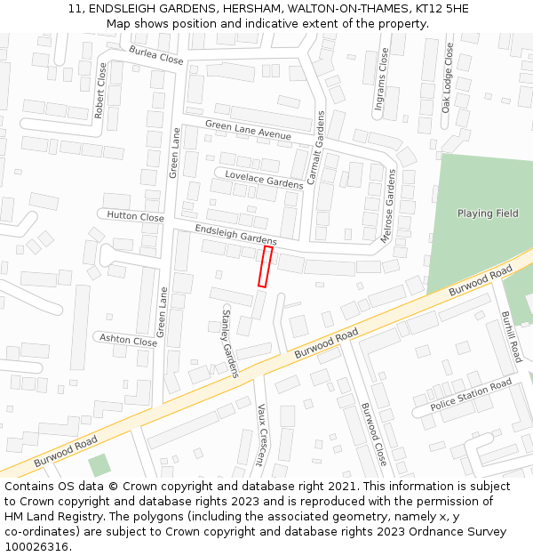 11, ENDSLEIGH GARDENS, HERSHAM, WALTON-ON-THAMES, KT12 5HE: Location map and indicative extent of plot