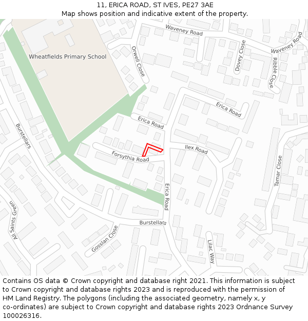 11, ERICA ROAD, ST IVES, PE27 3AE: Location map and indicative extent of plot