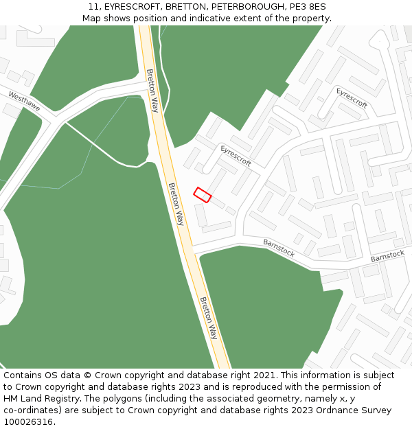 11, EYRESCROFT, BRETTON, PETERBOROUGH, PE3 8ES: Location map and indicative extent of plot