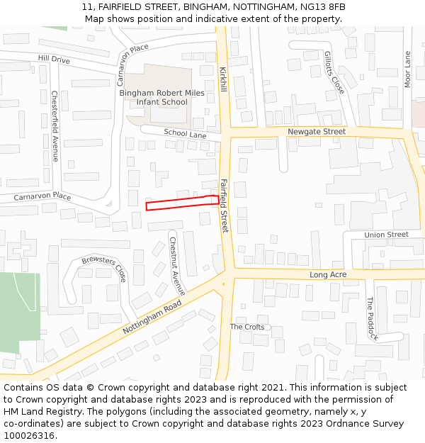 11, FAIRFIELD STREET, BINGHAM, NOTTINGHAM, NG13 8FB: Location map and indicative extent of plot