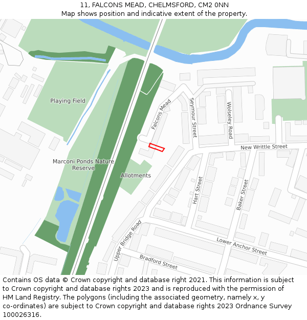 11, FALCONS MEAD, CHELMSFORD, CM2 0NN: Location map and indicative extent of plot