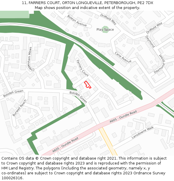 11, FARRIERS COURT, ORTON LONGUEVILLE, PETERBOROUGH, PE2 7DX: Location map and indicative extent of plot