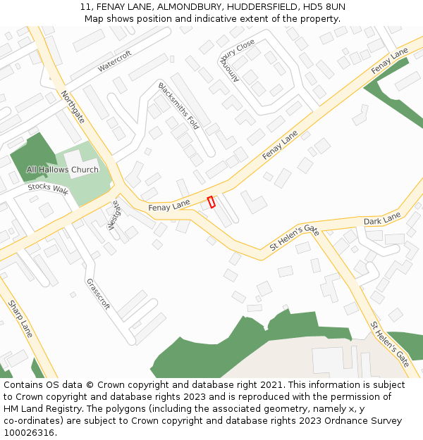 11, FENAY LANE, ALMONDBURY, HUDDERSFIELD, HD5 8UN: Location map and indicative extent of plot